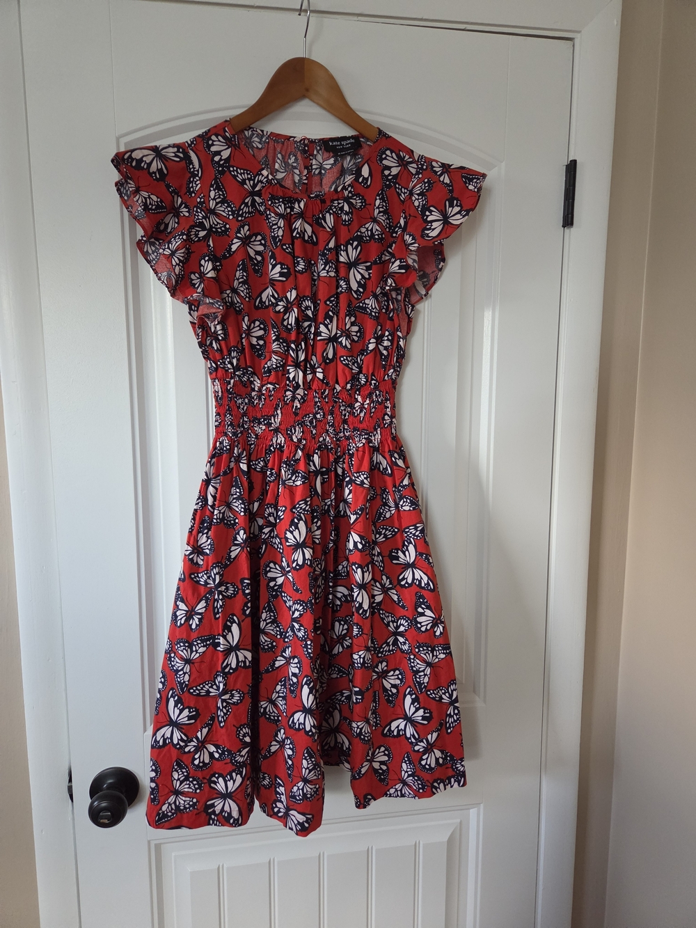 kate spade Red Butterfly Print Smocked-Waist Mini Dress